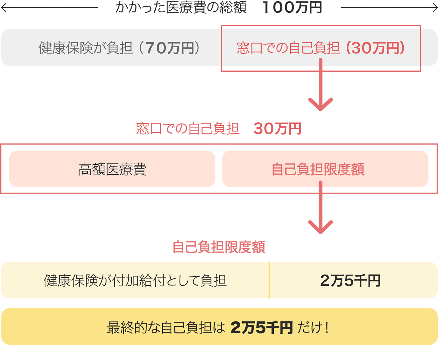 自己負担の軽減の仕組み(医療費総額100万円６９歳までの方の場合)